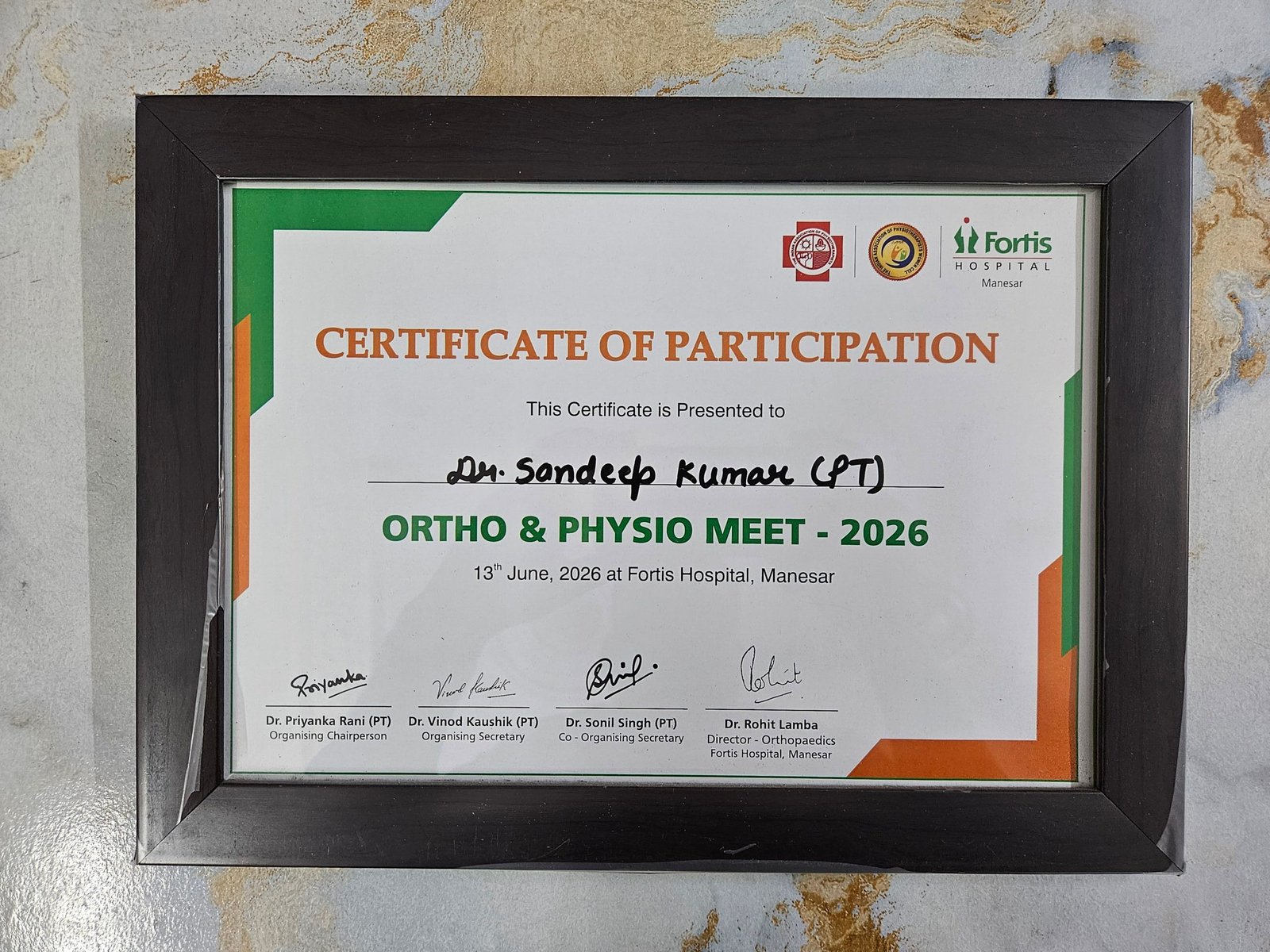 Dr. Sandeep Singh PT Certificate for Ortho and Physio Meet 2026 at Fortis Hospital