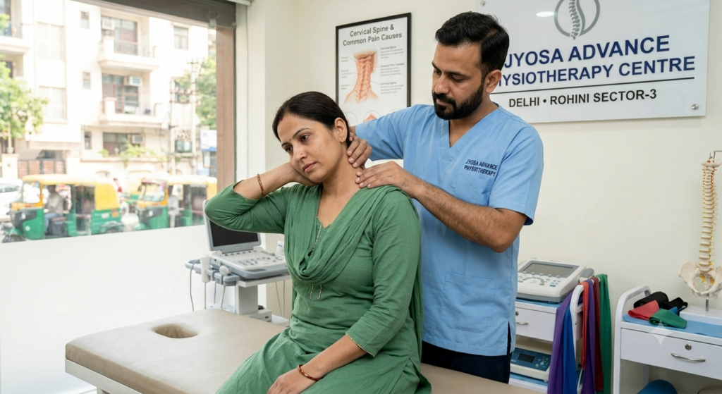 Physiotherapist treating a female patient for cervical spine and neck pain relief at Jyosa Physiotherapy Centre in Rohini Sector 3